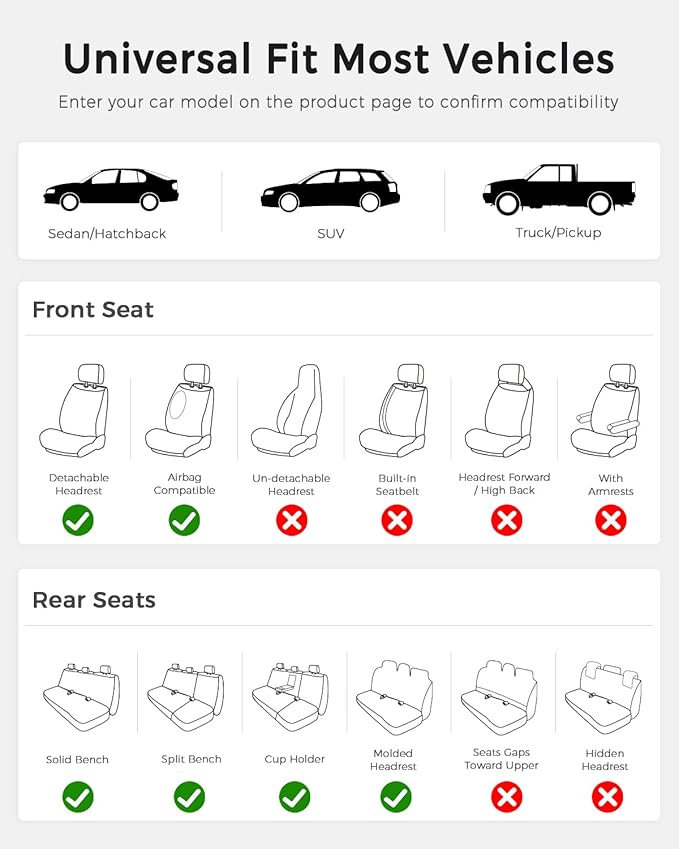 Huidasource Car Seat Covers Full Set, Nappa Leather Seat Covers, Front & Split Rear Bench Car Seat Cover, Zipper, Velcro Adjustable, Universal Fit for Most Cars, Vans, Trucks, SUVs (Full Set/Black)