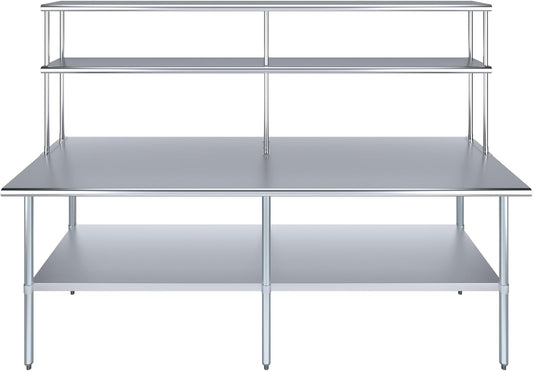 Amgood Stainless Steel Work Table Double Tier Overshelf | Metal Kitchen Prep Table & Shelving Combo (30" x 96" Work Table + 12" Overshelf)