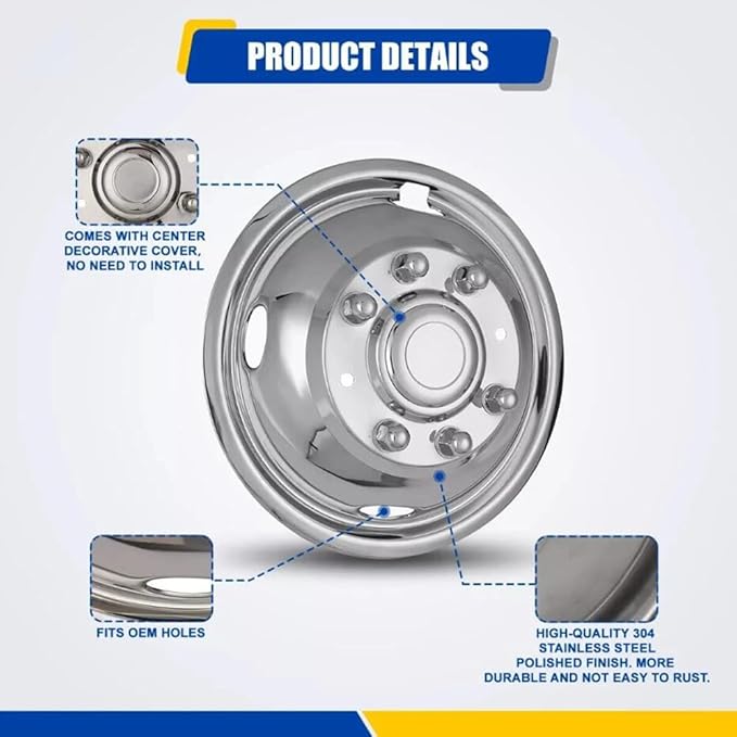17" Polished Stainless Steel Wheel Simulators Fit for 2005-2025 Ford F350 Dually, 4pcs Nice Looking and Durable Bolt On Wheel Cover, 8 Lug 4 Hand Hole Hubcaps with Installation Tool Kit