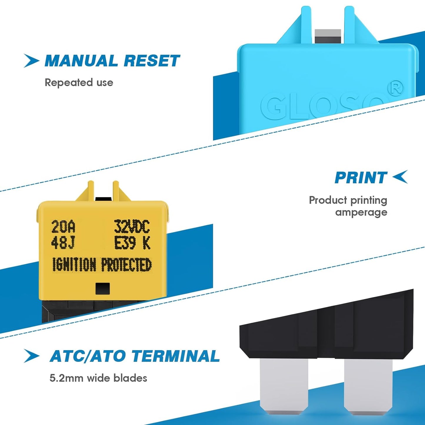 GLOSO Circuit Breakers E39 Manual (T3) Reset Low Profile ATC/ATO (3A - 25 Pack)