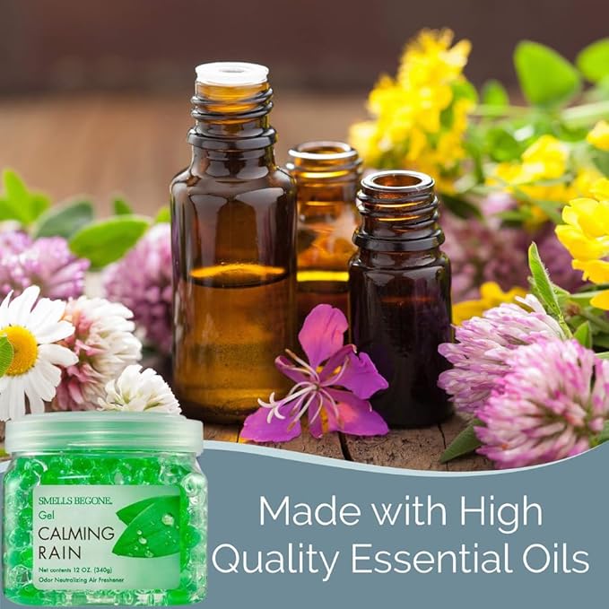 SMELLS BEGONE 12 oz Odor Eliminator Gel - Air Freshener - Absorbs & Eliminates Odor in Bathrooms, Cars, Boats, RVs & Pet Areas - Made with Essential Oils - Calming Rain Scent (6-Pack)