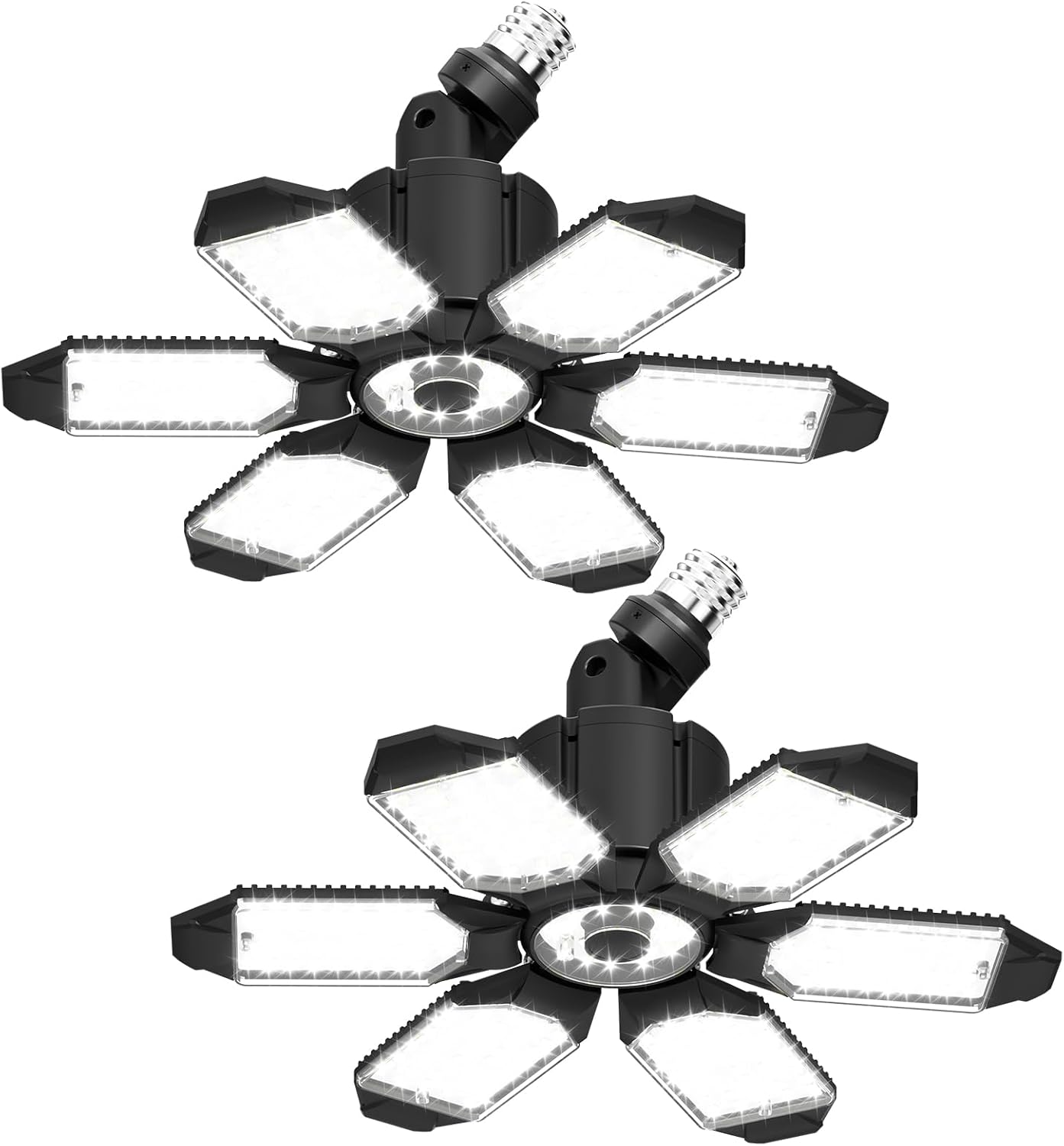 LED Garage Light 2 Pack Super Bright 15000LM LED Shop Ceiling Lights 6500K Garage Lighting, 360°&180° Adjustable Basement Lights with 6 Deformable Panels Screw in E26 E27 Socket for Storage Barn Attic