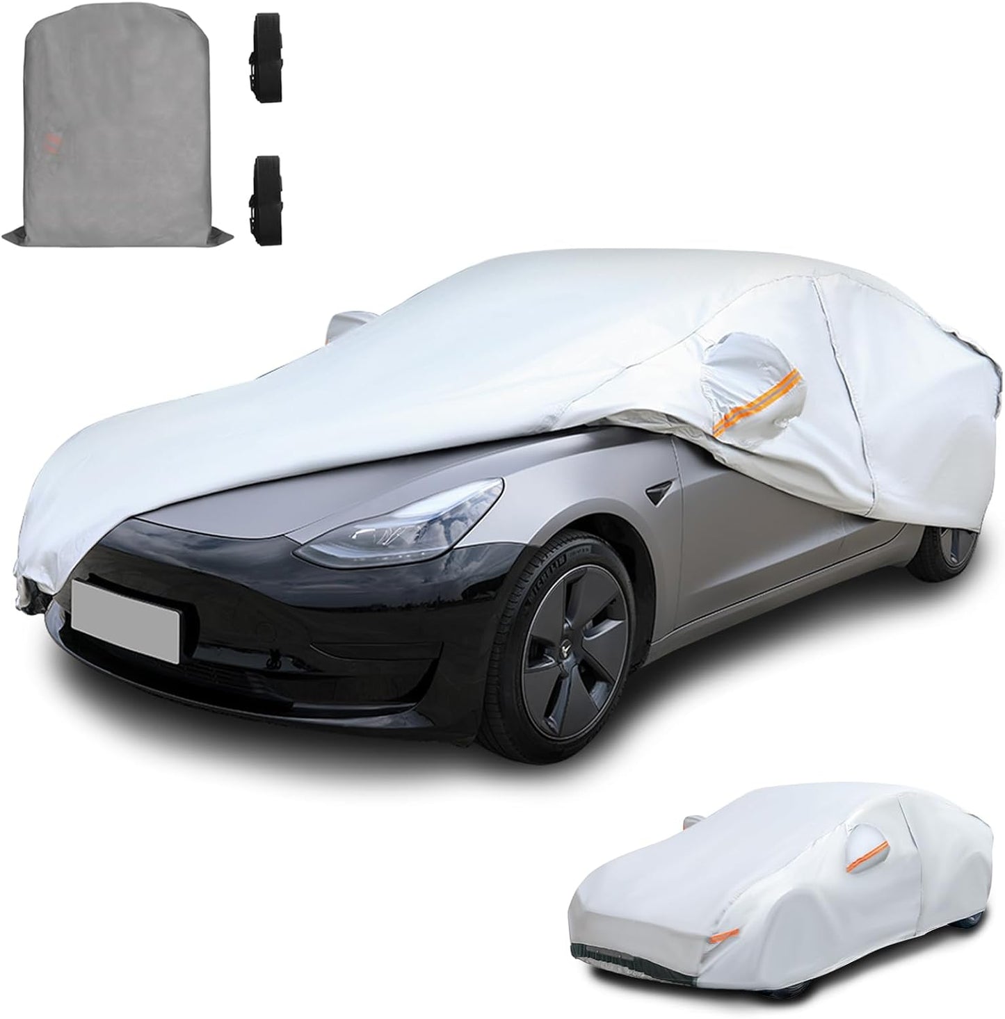 Car Cover for Tesla Model 3 2017-2025 Custom Fit Full Exterior Car Cover with Charging Port Door Zipper Ventilated Mesh Heavy Duty All Weather Waterproof Windproof Dust Snow Sun UV Protection