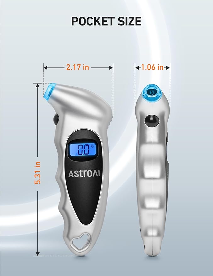 AstroAI Digital Tire Pressure Gauge 0-150PSI, Accurate in 0.1 Increments, Backlit LCD and Presta Valve Adaptor Included, 4 Units of Measurement for Car Truck Bicycle, Silver