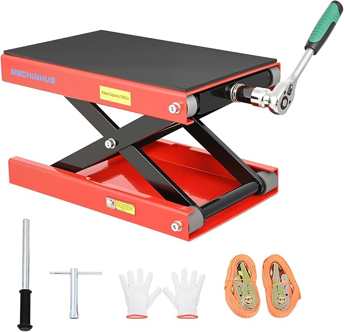 Motorcycle Lift Scissor Jack,1200 Lbs Capacity Steel Motorcycle Jack,4"-14.17" Height Range Scissor Lift，Motorcycles Scissor Lifts Repair Bracket, for Motorcycles, ATV, Motocross Bike - Red