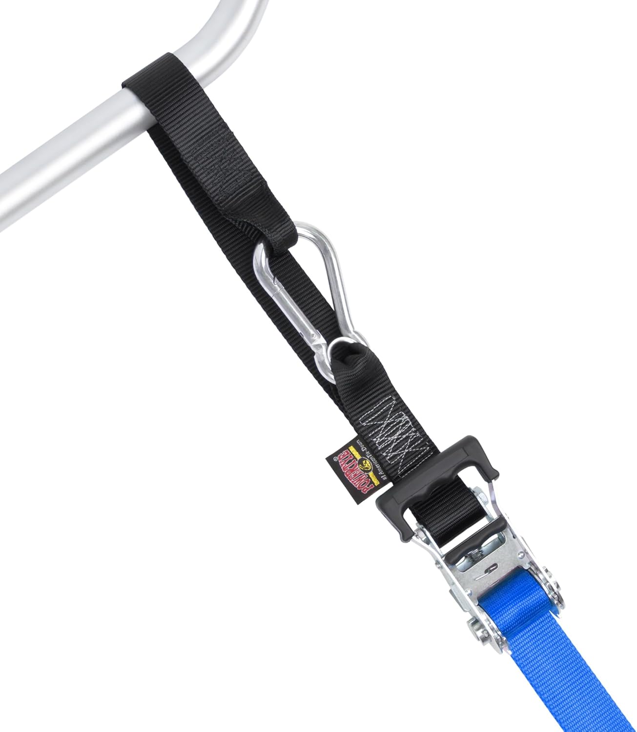 PowerTye 1.5in x 6.5ft Heavy Duty Ratchet Tie-Down Straps with Soft-Tye, Carabiner Hooks - 1,000 lb Working Load Limit / 3,000 lb Breaking Strength - Made in USA - Blue/Black Pair + Storage Bag