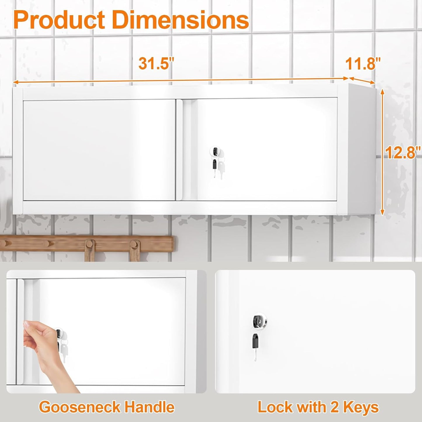 GREATMEET Locking Cabinet, Garage Storage Cabinet, Metal Wall Mounted Storage Cabinets with Doors for Garage, Hanging Floating (White, 13" H)