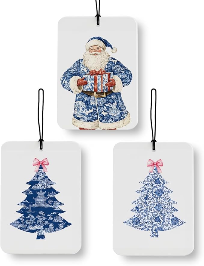 Blue and White Chinoiserie Christmas Tree Santa Car Air Freshener 3 Pcs, Coquette Grandmillennial Christmas Air Freshener Hanging Decor for Cars Closet Drawer Books Accessories Gifts