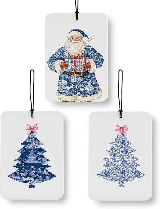 Blue and White Chinoiserie Christmas Tree Santa Car Air Freshener 3 Pcs, Coquette Grandmillennial Christmas Air Freshener Hanging Decor for Cars Closet Drawer Books Accessories Gifts