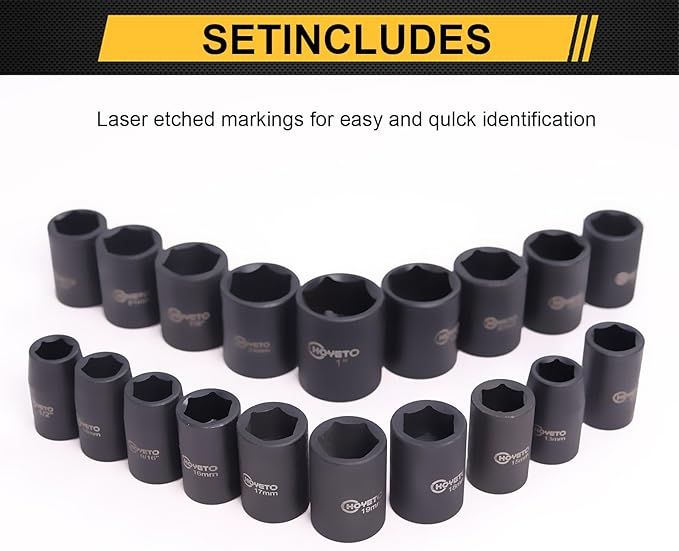 1/2" Drive Impact Socket Set, 23-Piece Metric (13–24mm), 6-Point Cr-V Alloy Steel, with Ratchet Handle & Storage Case – Rugged Construction for Auto Repair