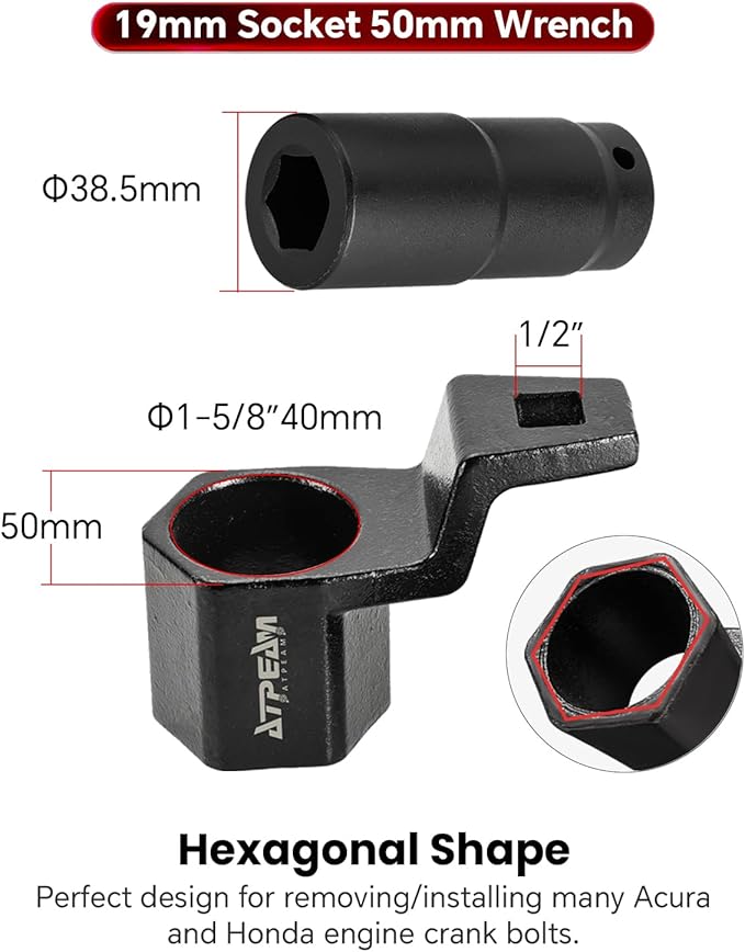 ATPEAM Crank Arm Removal Tool Crank Arm Tool for 1/2" Drive for Honda and Acura Engines (19mm Socket & 50mm Pulley Wrench)