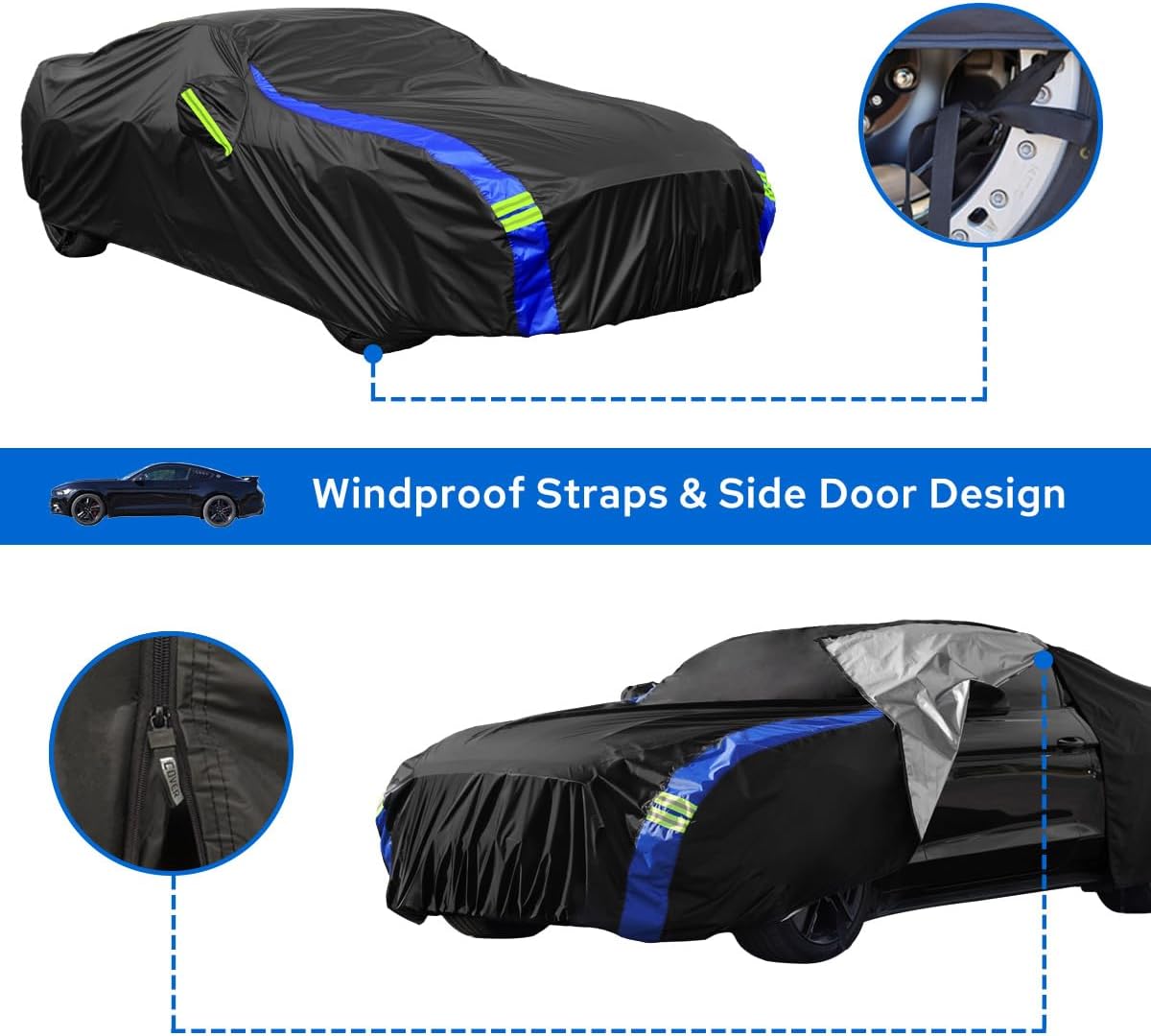 Avecrew for Ford Mustang Car Cover Waterproof All Weather for Automobiles, Outdoor Full Exterior Covers Fit Sedan Ford Mustang with Windproof Strap