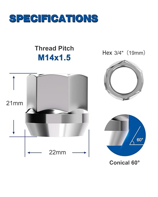 GAsupply 14x1.5 Short Open End Lug Nuts, 0.8" 21mm Tall, 3/4" 19mm Hex, Conical Seat 60 Degree Bulge Acor Chrome Nuts, 20 Pcs
