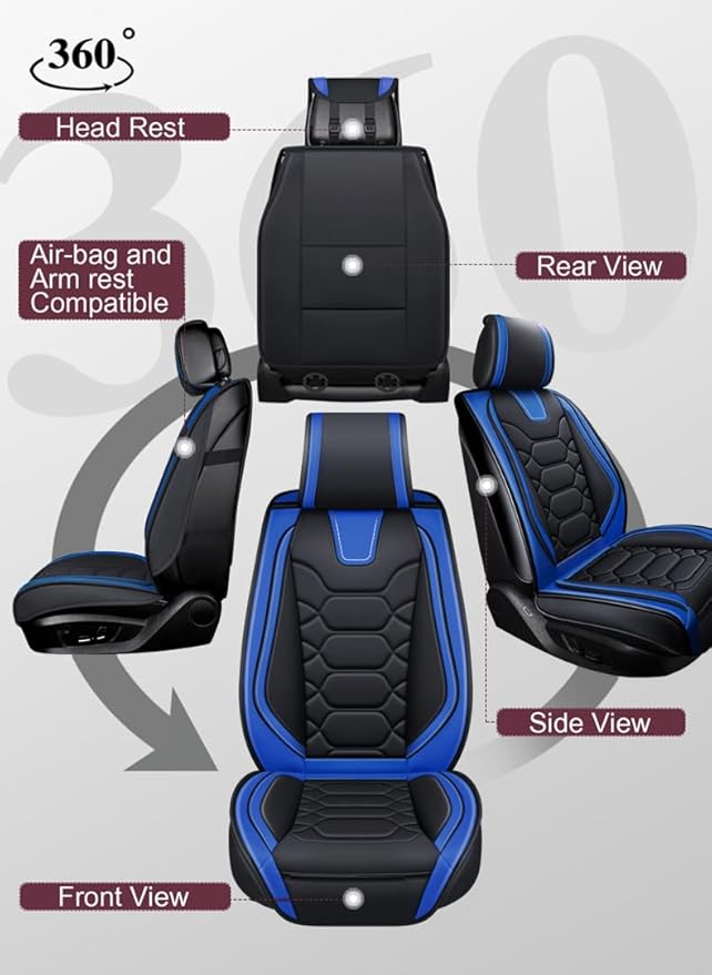 OASIS AUTO Car Seat Covers Full Set Premium Waterproof Faux Leather Cushion Universal Accessories Fit SUV Truck Sedan Automotive Vehicle Auto Interior Protector (OS-004 Black&Blue)