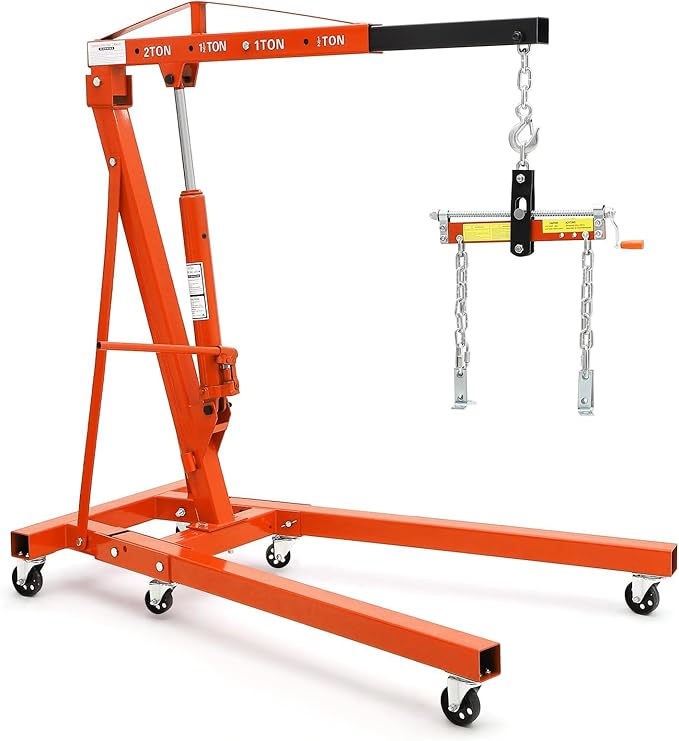 2 Ton Folding Hydraulic Engine Hoist with Load Leveler 4400 LBS Capacity Heavy Duty Cherry Picker 6 Swivel Wheels&Hydraulic Pump Adjustable Boom (0.5T-2T) for Garage Workshop Warehouse Orange