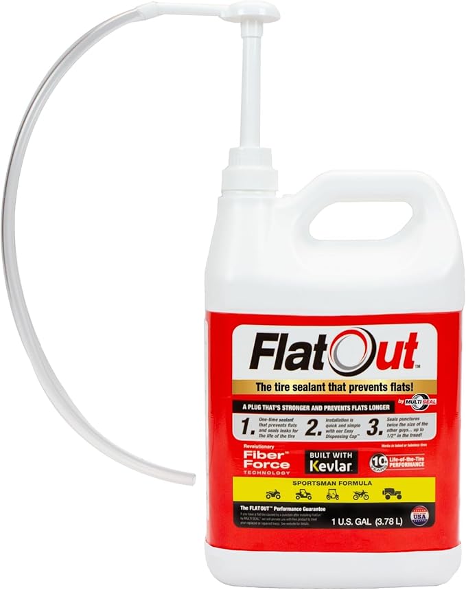Flat Out Tire Sealant Sportsman Formula - Prevent Flat Tires - Seal Leaks - Sportsman Formula with Valve Core Tool - Contains Kevlar - Tubeless Tire Sealant - Fast-Acting Formula - 1 Gallon