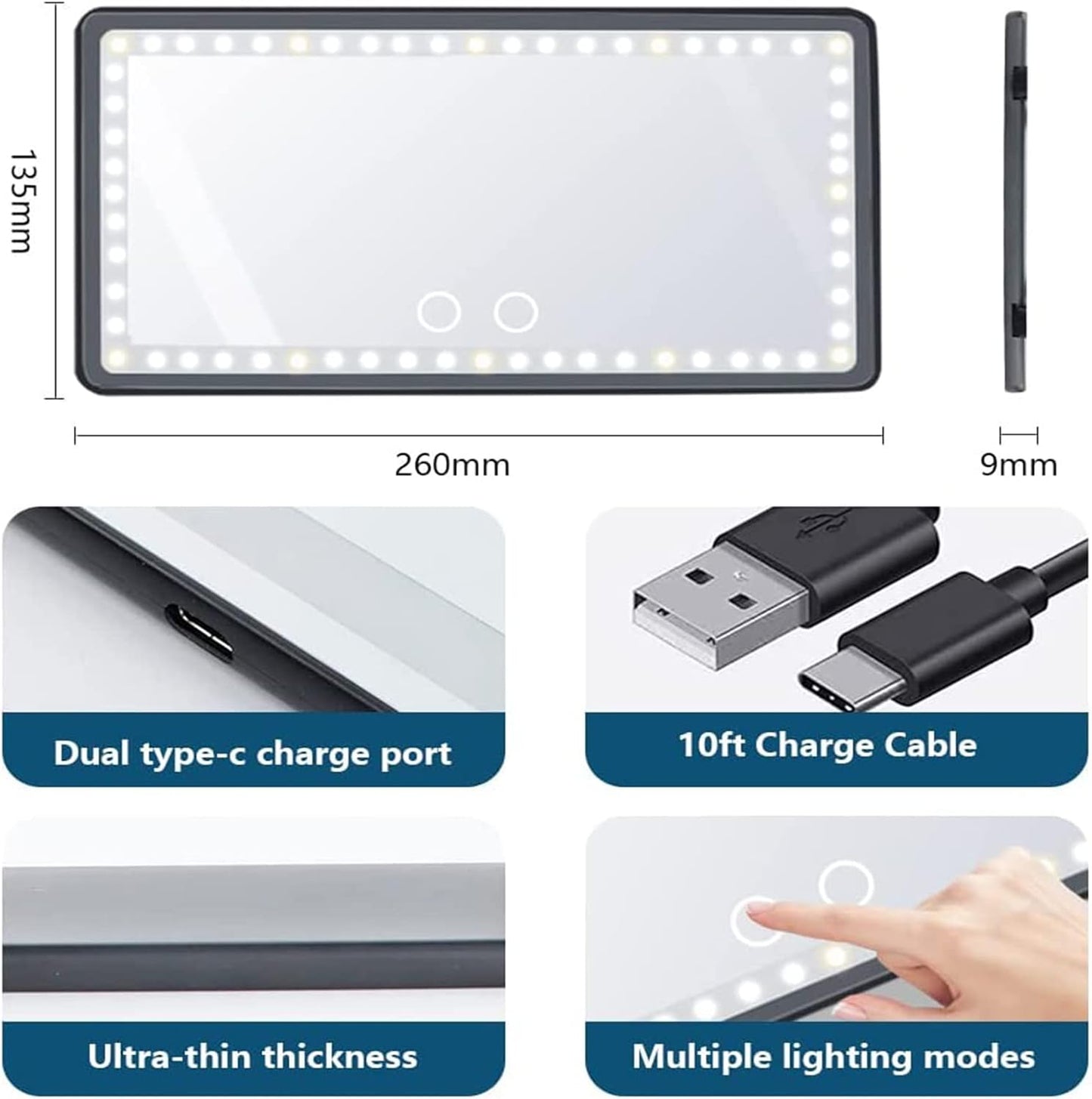 Car Visor Vanity Mirror with Rechargeable LED Lights, 3 Light Modes & Dimmable Touch Screen, Light Up Big Passenger Car Mirror Accessories for Women Girl, Universal for Truck SUV, Black