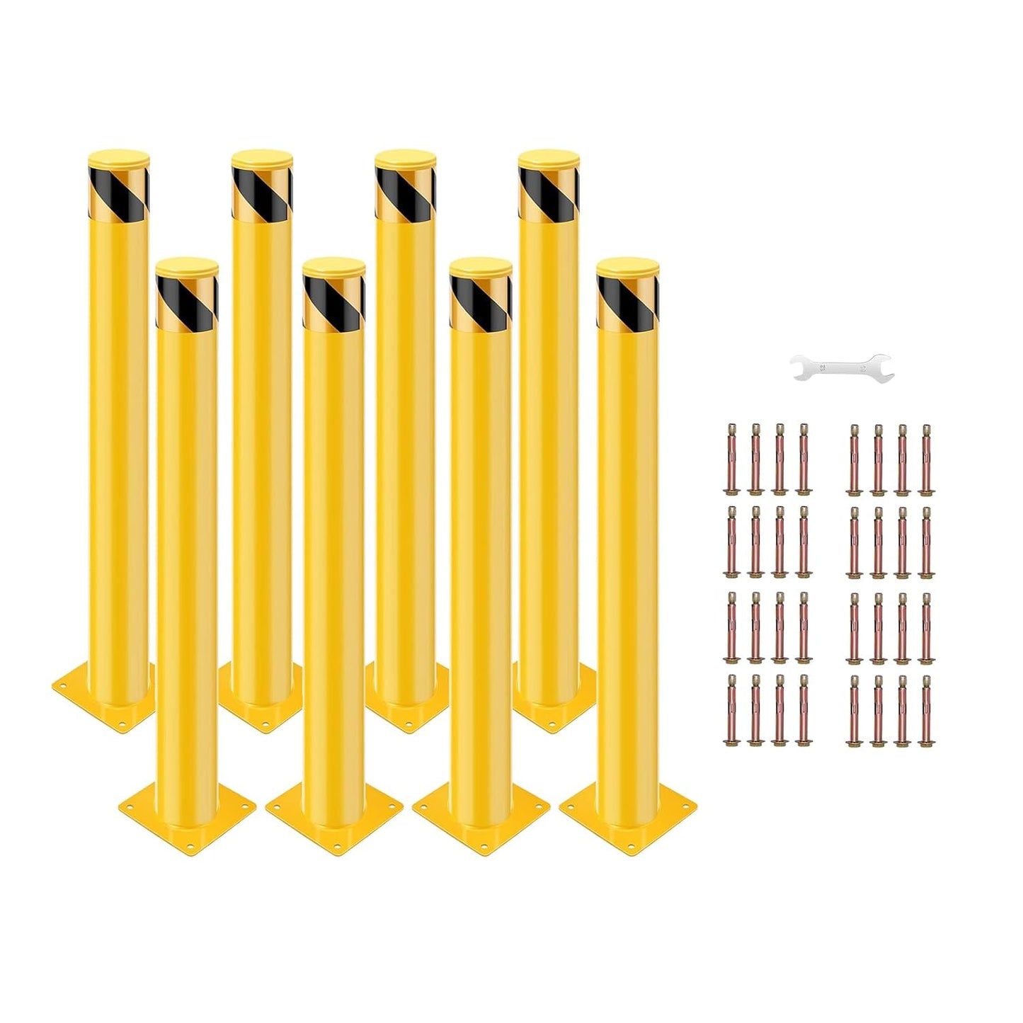 8 Pack Safety Bollard Post, 48 Inch Height 4.5 Inch Diameter Yellow Pipe Safety Steel Bollards with Anchor Bolts and Wrench, Steel Bollards for Road Warning Construction Traffic Control