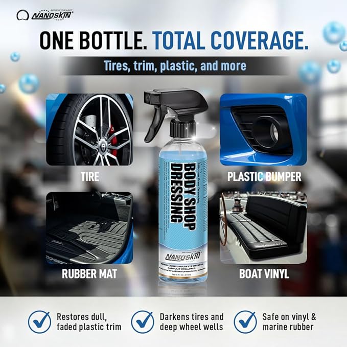 Nanoskin Body Shop Dressing 55 Gallons - Body Shop Safe, Silicone Free Formula | Restores Deep Black Color on Exterior Tires, Vinyl, Rubber, Plastic & Trim | Safe for Cars, Trucks, RVs, Boats & More