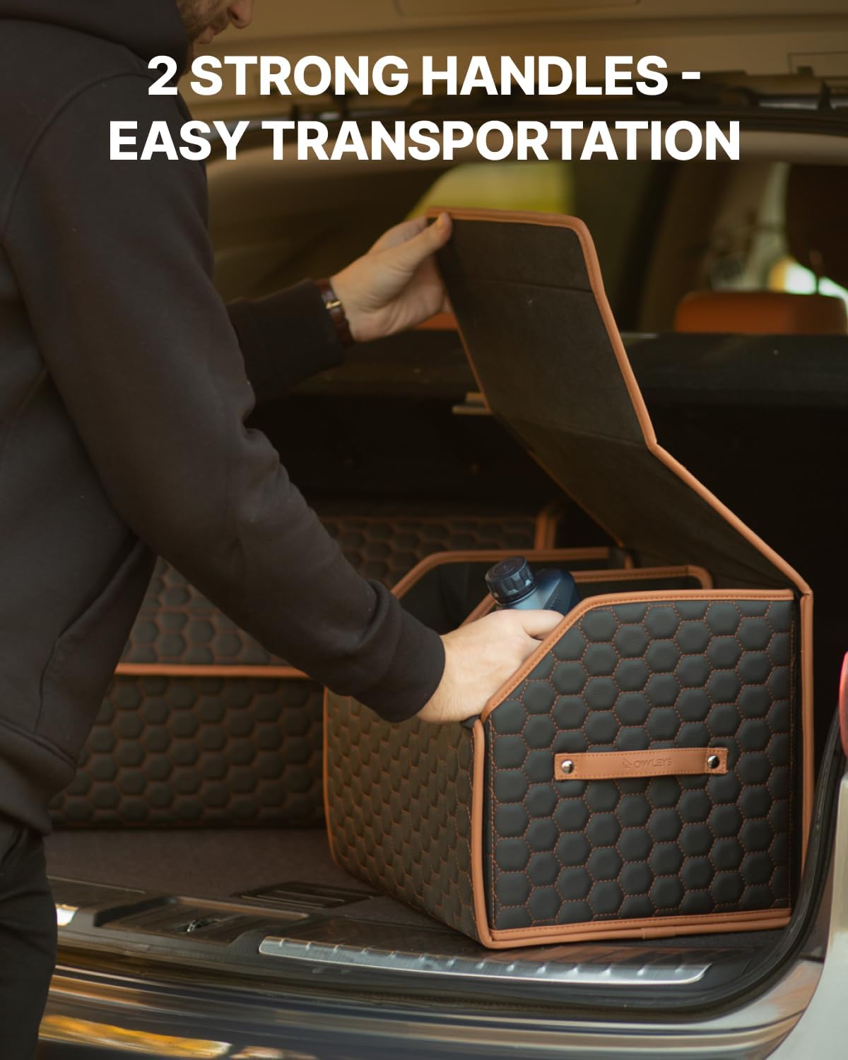 Sedan Trunk Organizer 17.7" Storage Tote For Groceries, Tools & Travel Gear - Foldable Eco-Leather Car Crate With Magnetic Lid | Stylish Presents For Drivers | Black-Brown (Hexy 17)