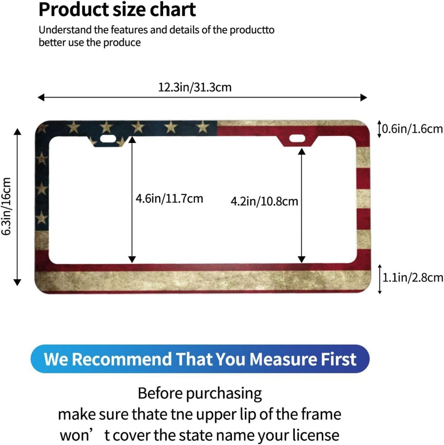 Patriotic License Plate Frame,American Flag License Plate Frame,Flag License Plate Frame US Car Tag Frames Holders Covers Stainless Aluminum 2 Pack 2 Holes Car Accessories