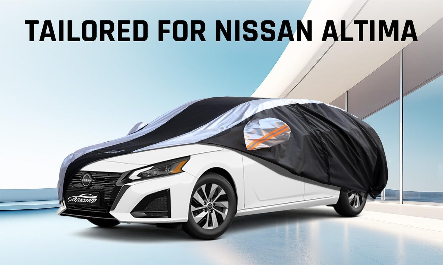 Altima Car Cover Waterproof All Weather with Silver Strip Design, Custom Fit for Altima 2005–2025, Altima Accessory with Door Zipper & Windproof Straps