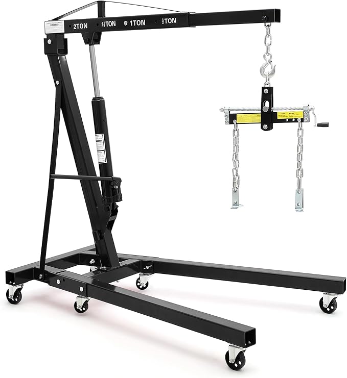 2-Ton Folding Engine Hoist Cherry Picker 4400 Lb Capacity Hydraulic Shop Crane with Telescoping Boom 6 Caster Wheels for Automotive Repair (Black, Engine Hoist with Lever)