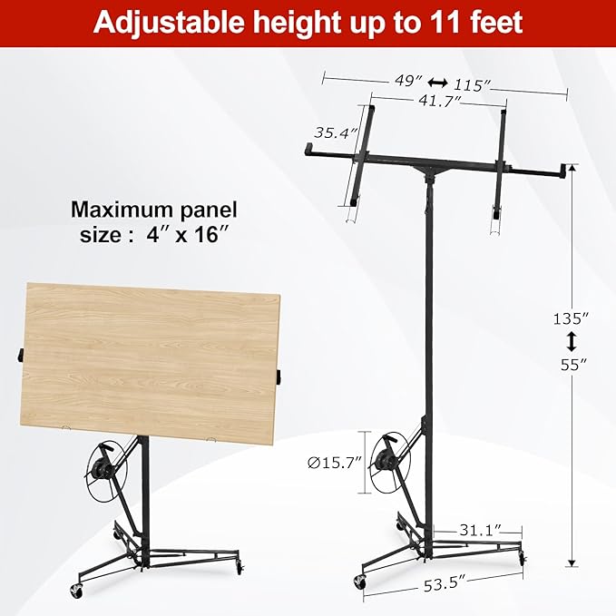 11FT Drywall Lift Sheetrock Lift, 150LBS Capacity, Drywall Lift Panel Hoist with Telescopic Arm, Drywall Jack Lift with 3 Lockable Wheels for Home Improvement, 4'x16' Panel Size, Black