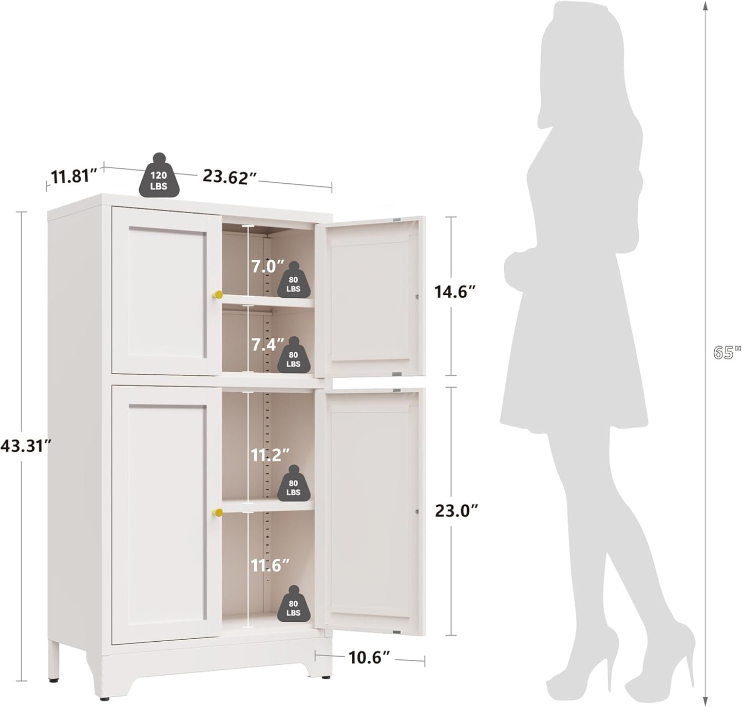 White Bathroom Floor Cabinet, Metal Storage Cabinet with 2 Adjustable Shelves & 4 Doors,Freestanding Sideboard for Dining Room,Living Room, Home Office