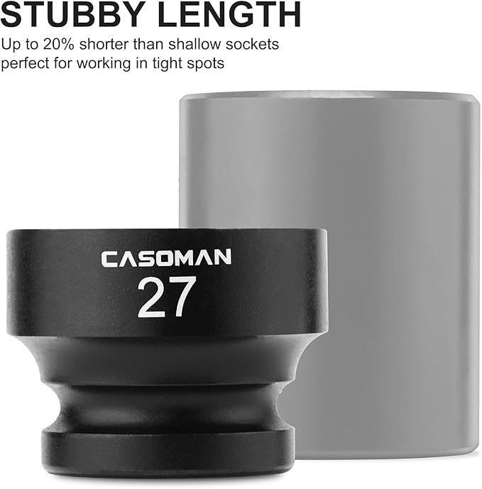 CASOMAN 1/2" Drive 27mm Stubby Impact Socket Set, 6-Point, 1.1" Length, CR-MO, Metric