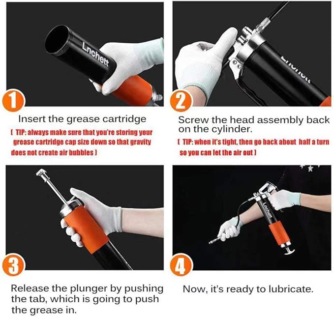 Lnchett Grease Gun with Quick Release Coupler and Towel, 9000 PSI Professional Heavy Duty 14 oz Grease Gun with 18 Inch Spring Flex Hose, 1 Reinforced Coupler, 2 Extension Rigid Pipe and1 Sharp Nozzle