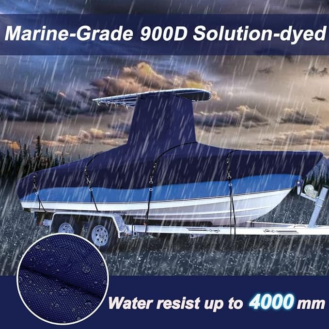 900D Marine Grade Fade and Tear Resistant Trailerable T-Top Boat Cover, Heavy-Duty Waterproof and UV-Proof T TOP Boat Storage Cover with Windproof Metal Buckle Straps Fit 24ft-26ft Long(Navy)