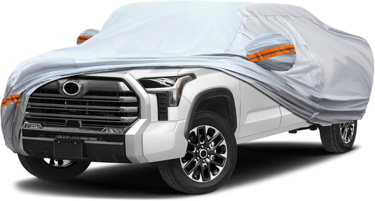 KEYOOG Car Cover, Fit for 230"-260" Length Pickup Truck, 6-Layer All-Weather Waterproof, Universal in All Seasons, Snow Prevention, Rainproof, Acid Rainproof, Sunscreen, Orange Reflective Strip