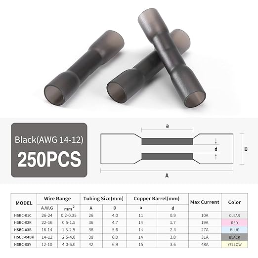 Heat Shrink Butt Connectors, 250Pcs 14-12 AWG Black Insulated Waterproof Electrical Wire Connectors Automotive Marine Grade Wire Crimp Terminals Butt Splices, Ideal for Boat, Truck, Stereo - Black