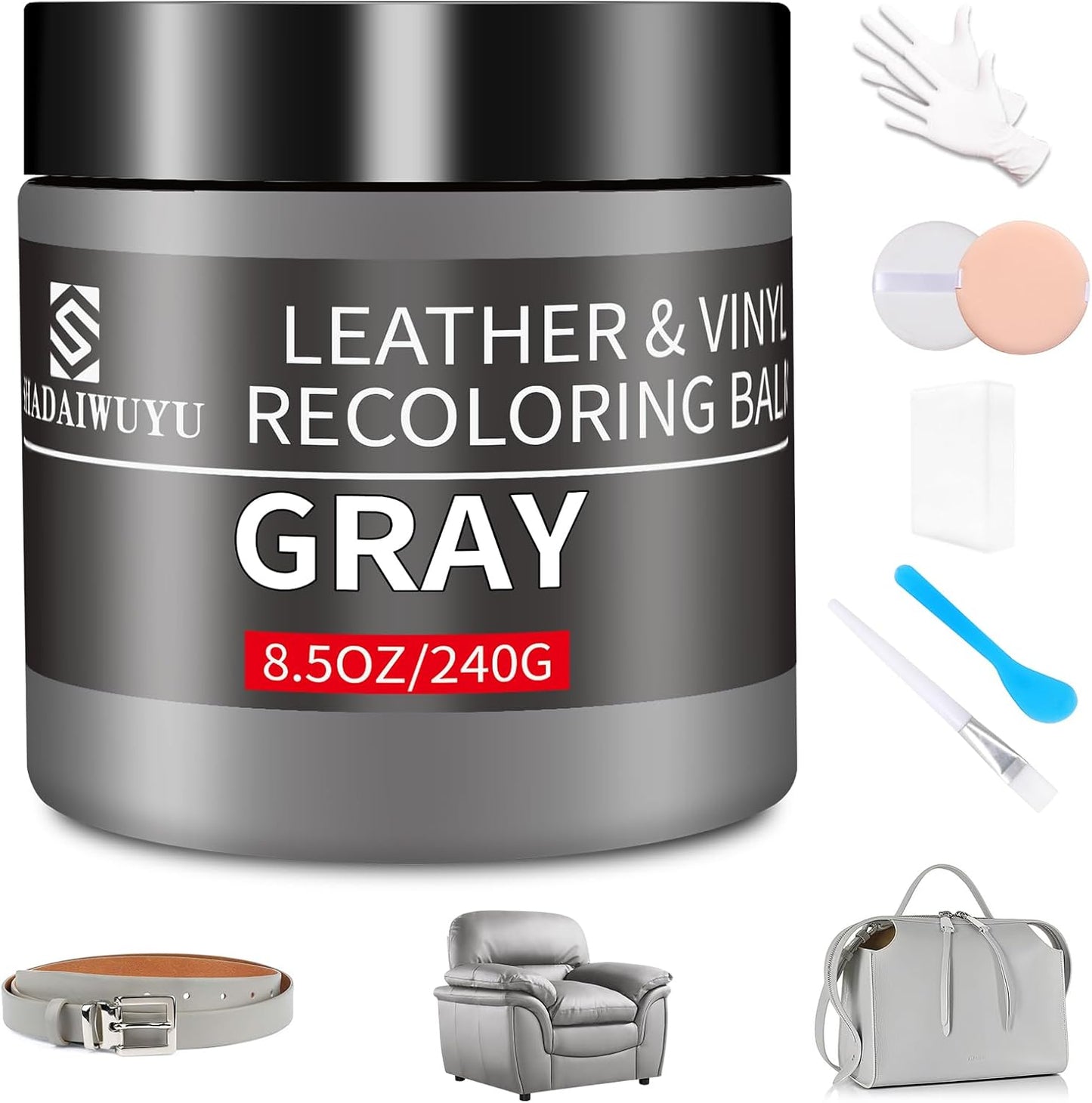 Leather Recoloring Balm,8.5oz Leather Color Restorer,Gray Leather Repair kit for Furniture and Car Interior,Leather Couch Scratch Repair,Leather Dye Paint for Faded,Cracked and Damaged Leather