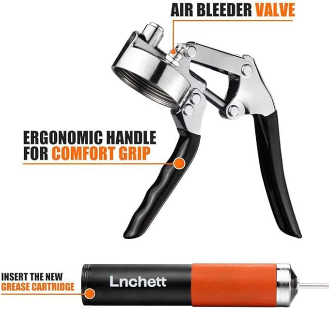 Lnchett Grease Gun with Quick Release Coupler, 9000 PSI Professional Heavy Duty 14 oz Pistol Grip Grease Gun with 18 Inch Spring Flex Hose, 1 Extension Rigid Pipe and1 Sharp Nozzle Included
