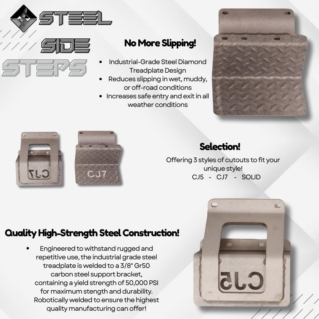 CJ5 Side Steps Compatible with Jeep © CJ Vehicles (Pair) - Solid Steel Construction - Metal Diamond Treadplate Traction Design - Universal Fitment on Classic CJ-5 (CJ7 Cutout)