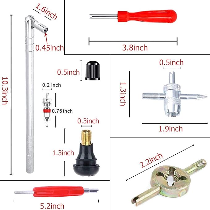 Tyre Valve Stem Puller Tools Set - 10 Pcs TR412 Snap-in Valve Stems with Valve Stem Cores, 1 Pcs 4-Way Valve Tool, 1 Pcs Dual & 1 Pcs Single Head Valve Core Remover Installer Tool