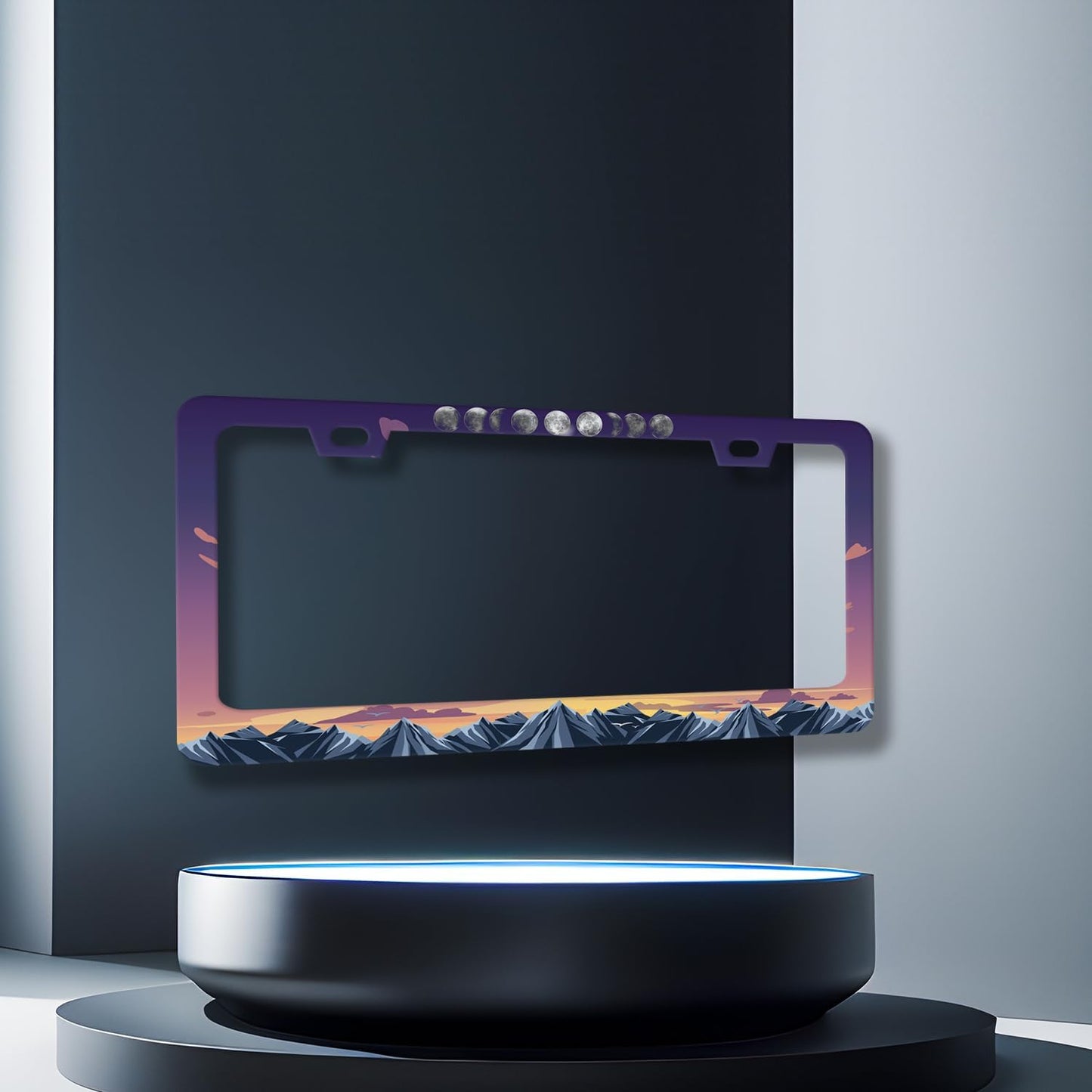 Moon Phase License Plate Frame Mountain Night Stars License Plate Holder Front and Rear Car Tags Stainless Steel Auto Parts Funny License Plate Decoration with Screws Men Women 12.2"x 6.2"