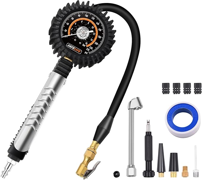 SAFELIFE Tire Pressure Gauge with Inflator 230PSI - Heavy Duty Air Chuck and Compressor Accessories with 17.7" Rubber Hose, Large 3" Easy Read Glow Dial for Truck and RV