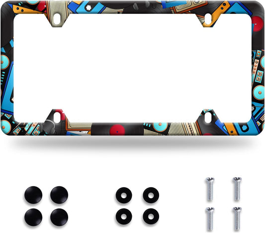 Music License Plate Frame Retro Music Cassettes License Plate Stainless Steel Funny License Plate Holder Men Women Colorful Music Car Accessory Decoration 12.3" x 6.3"