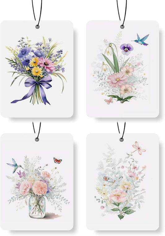Watercolor Floral Car Air Freshener 4 Pcs, Botanical Bouquet Hanging Air Freshener for for Cars Closet Drawer Books,Gifts for Flower Lovers, Decor for Car Accessories Mirror Decor for women.