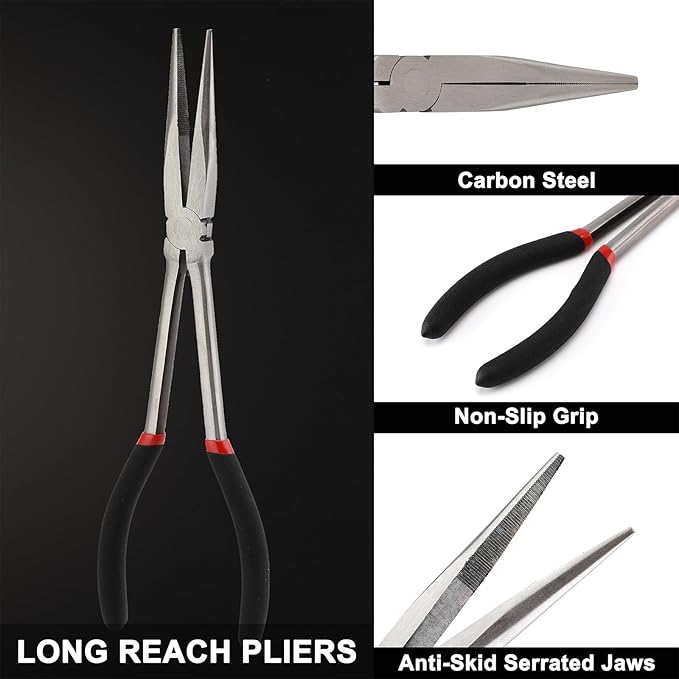 Mayouko 6PCS Extra Long Reach Pliers Set, 11" Straight, 45 and 90 Bent Nose, 5/16", 1/2" and 3/4" Circle Nose Pliers