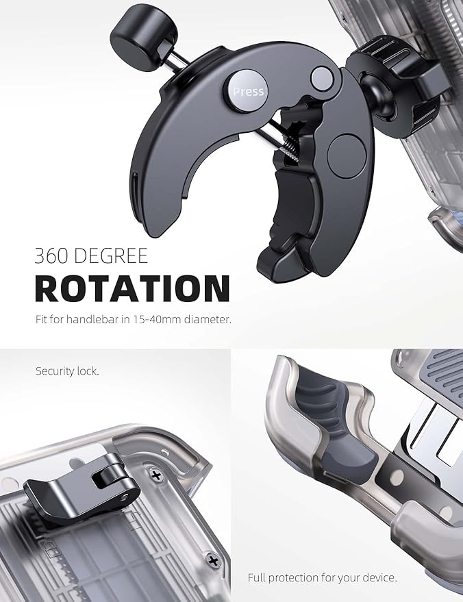 Lamicall Motorcycle Phone Mount, Bike Phone Holder - Upgrade Quick Install Handlebar Clip for Bicycle Scooter, Cell Phone Clamp for iPhone 17 16 15 Pro Max, Galaxy, 4.7-6.8" Phones, Transparent Gray