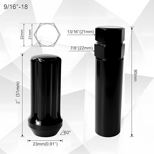9/16-18 Lug Nuts, Conical/Cone Bulge Seat, Closed End Long Extended XL Spline with 1 Socket Key， Wheel Lug Nuts for Aftermarket Wheels (32Pcs,Black)