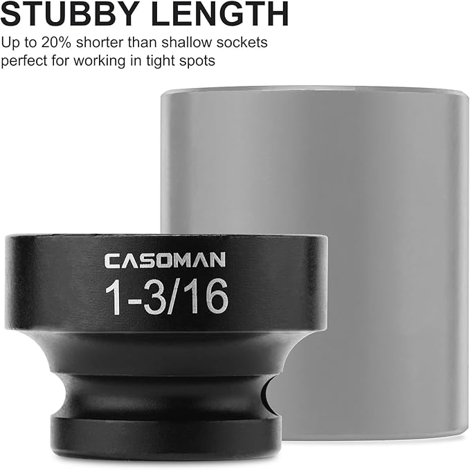 CASOMAN 1/2" Drive 1-3/16" Stubby Impact Socket Set, 6-Point, 1.1" Length, CR-MO, SAE