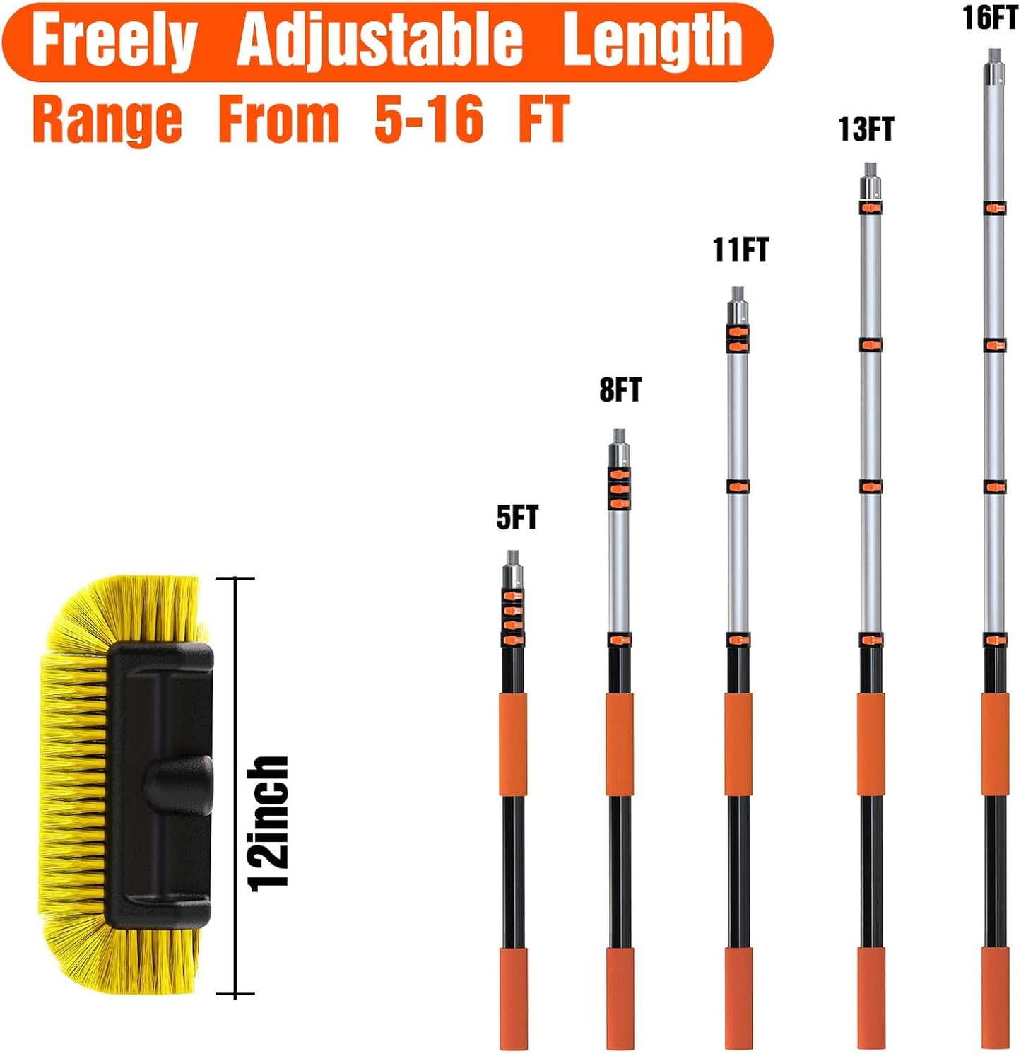 16FT Car Wash Brush with Long Handle, Car Cleaning Brush with 12 Inch Soft Bristle, Solar Panels Cleaner with Telescoping Pole for RV, Truck, Boat, House Siding