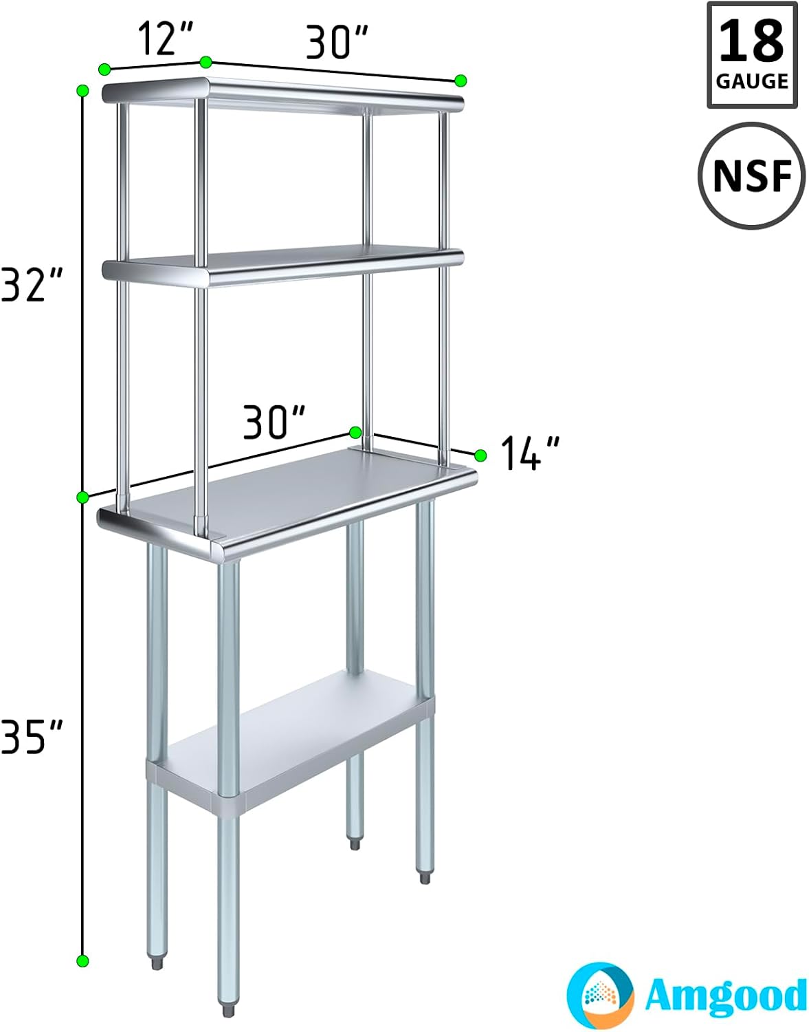 Amgood Stainless Steel Work Table Double Tier Overshelf (14" x 30" Work Table + 12" Overshelf)