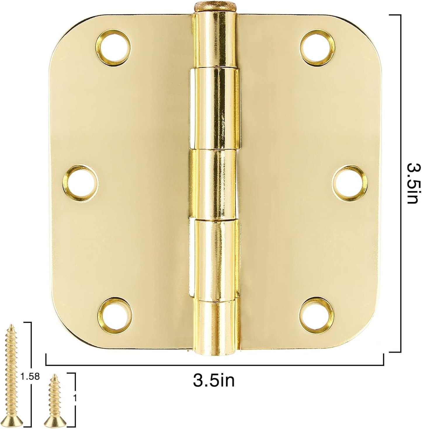 3 Pack Rounded Door Hinges 3-1/2" x 3.5 inch, 5/8 Radius, Polished Brass 3 ½ Inch Gold House Interior Hinge for Bed/Living/Guest/Pantry/Storage/Study/Work Room Doors Heavy Duty Steel Hardware Kit