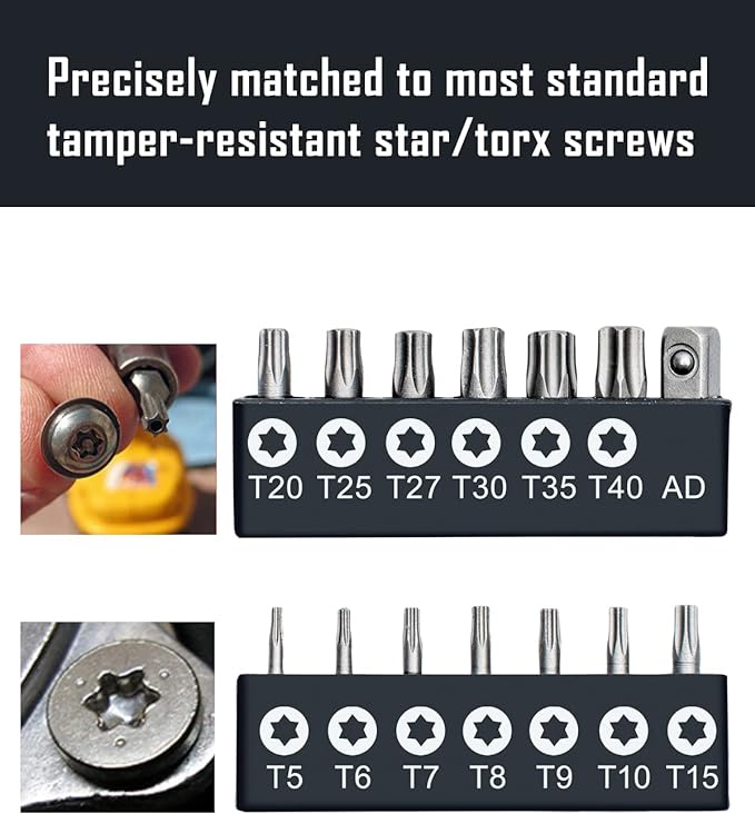 ROTATION 14-Piece Tamper Resistant Star Bits, Chrome Vanadium Steel, T5 - T40 Impact Grade Security Torx Bit Set, 1/4-inch Hex Shank